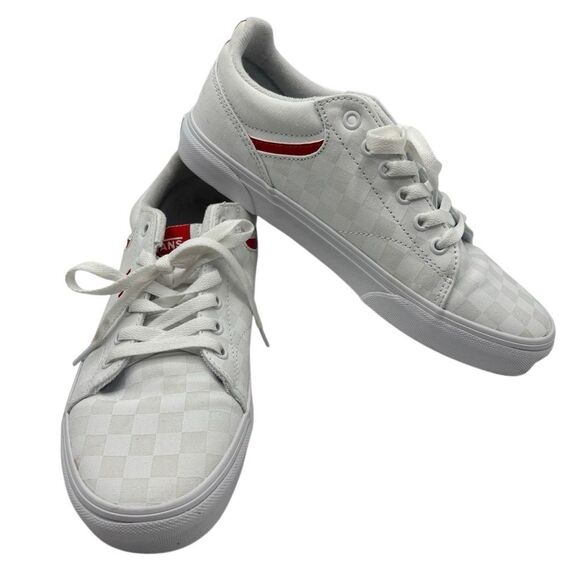 Vans Ward Low Top Sneakers White Checkerboard Red Logo Lace Up Skate Shoes W-9.5 - Picture 1 of 8